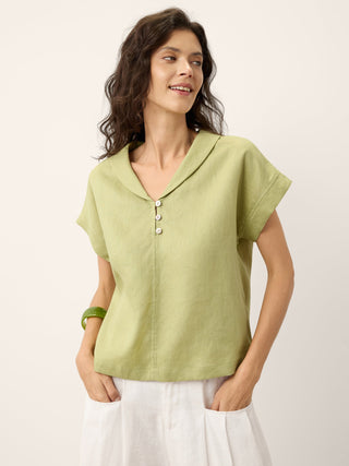100% Linen Soft Collar Shell Button Rolled Cuff Top HELGA - Glamourous Grace