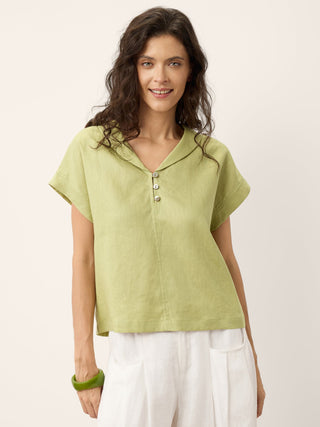 100% Linen Soft Collar Shell Button Rolled Cuff Top HELGA - Glamourous Grace