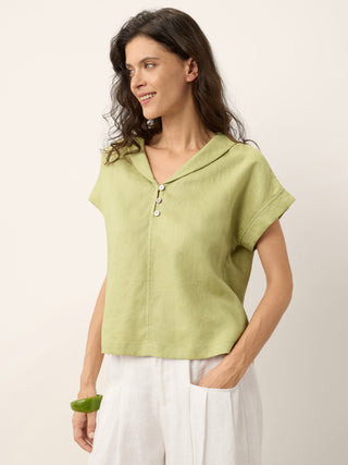 100% Linen Soft Collar Shell Button Rolled Cuff Top HELGA - Glamourous Grace