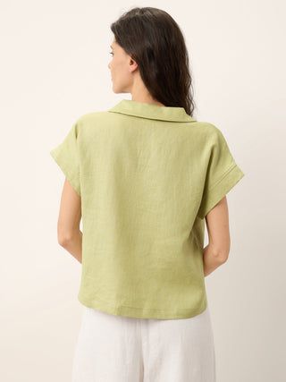 100% Linen Soft Collar Shell Button Rolled Cuff Top HELGA - Glamourous Grace