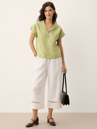 100% Linen Soft Collar Shell Button Rolled Cuff Top HELGA - Glamourous Grace