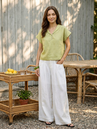 100% Linen Soft Collar Shell Button Rolled Cuff Top HELGA - Glamourous Grace