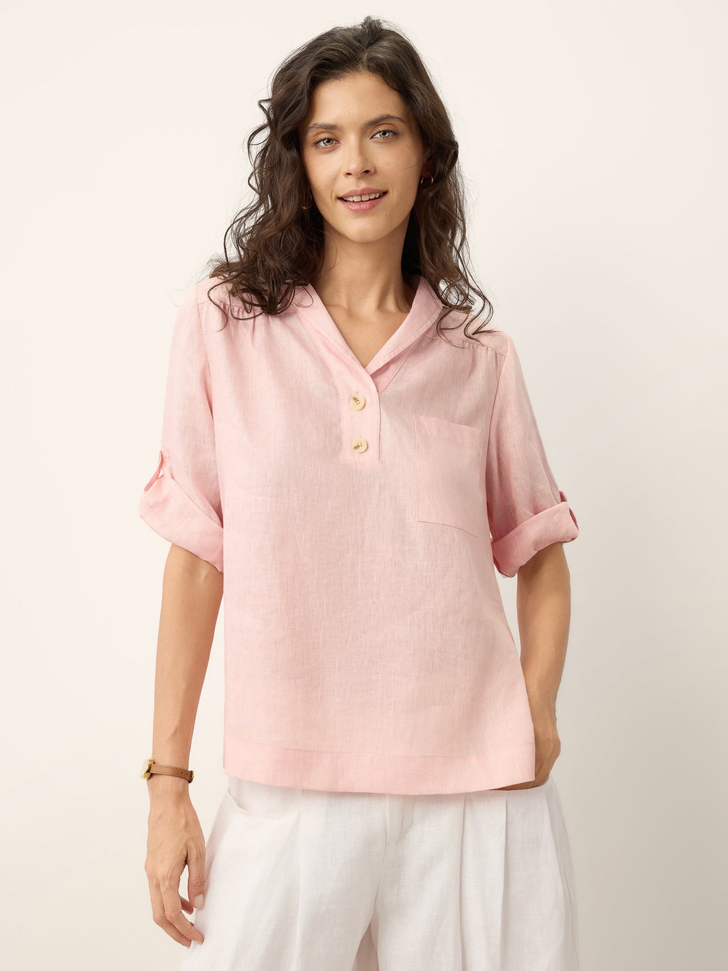 100% Linen Soft Collar Tab Sleeve Top OLGA - Glamourous Grace