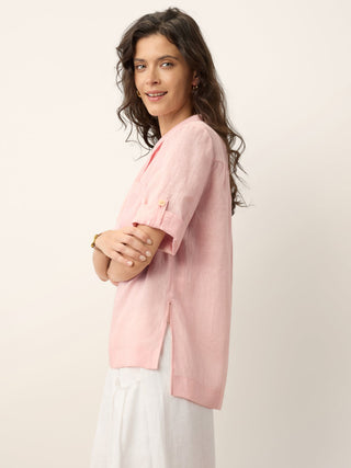 100% Linen Soft Collar Tab Sleeve Top OLGA - Glamourous Grace