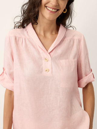 100% Linen Soft Collar Tab Sleeve Top OLGA - Glamourous Grace