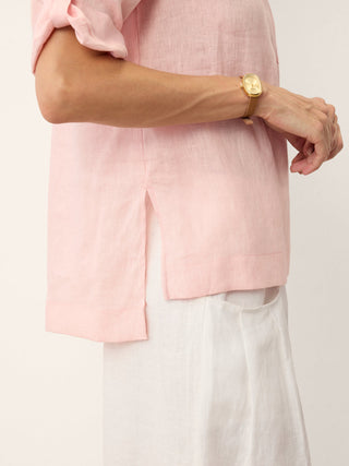 100% Linen Soft Collar Tab Sleeve Top OLGA - Glamourous Grace