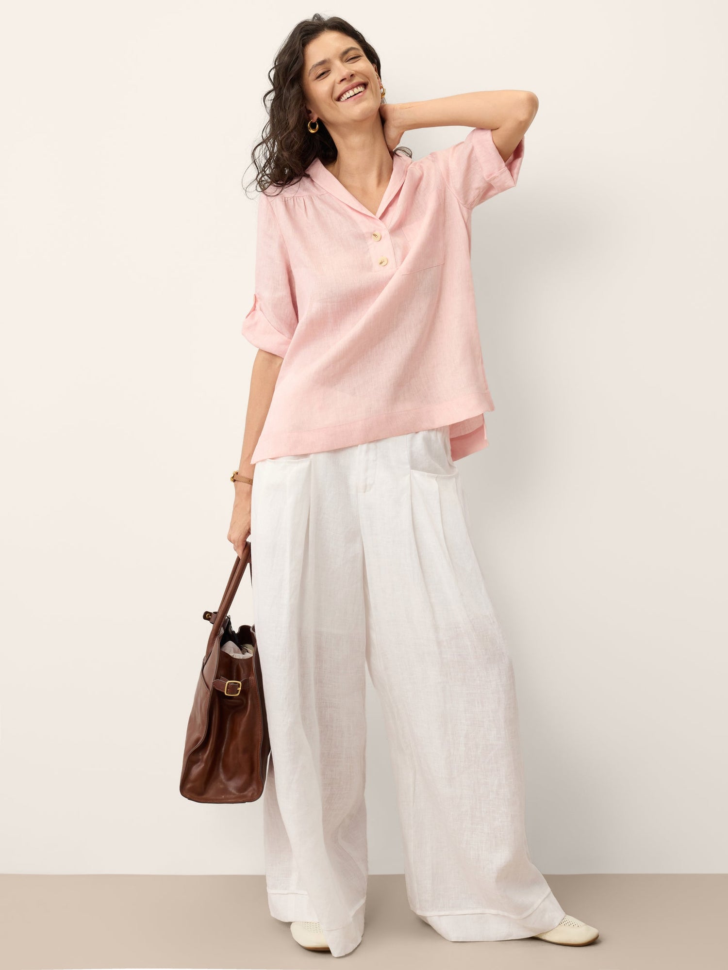 100% Linen Soft Collar Tab Sleeve Top OLGA - Glamourous Grace