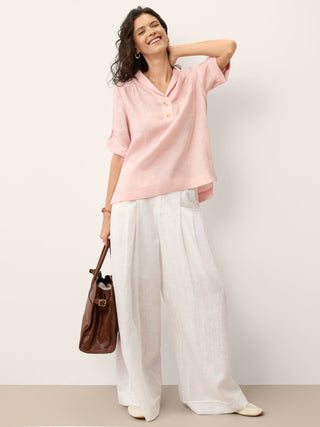 100% Linen Soft Collar Tab Sleeve Top OLGA - Glamourous Grace