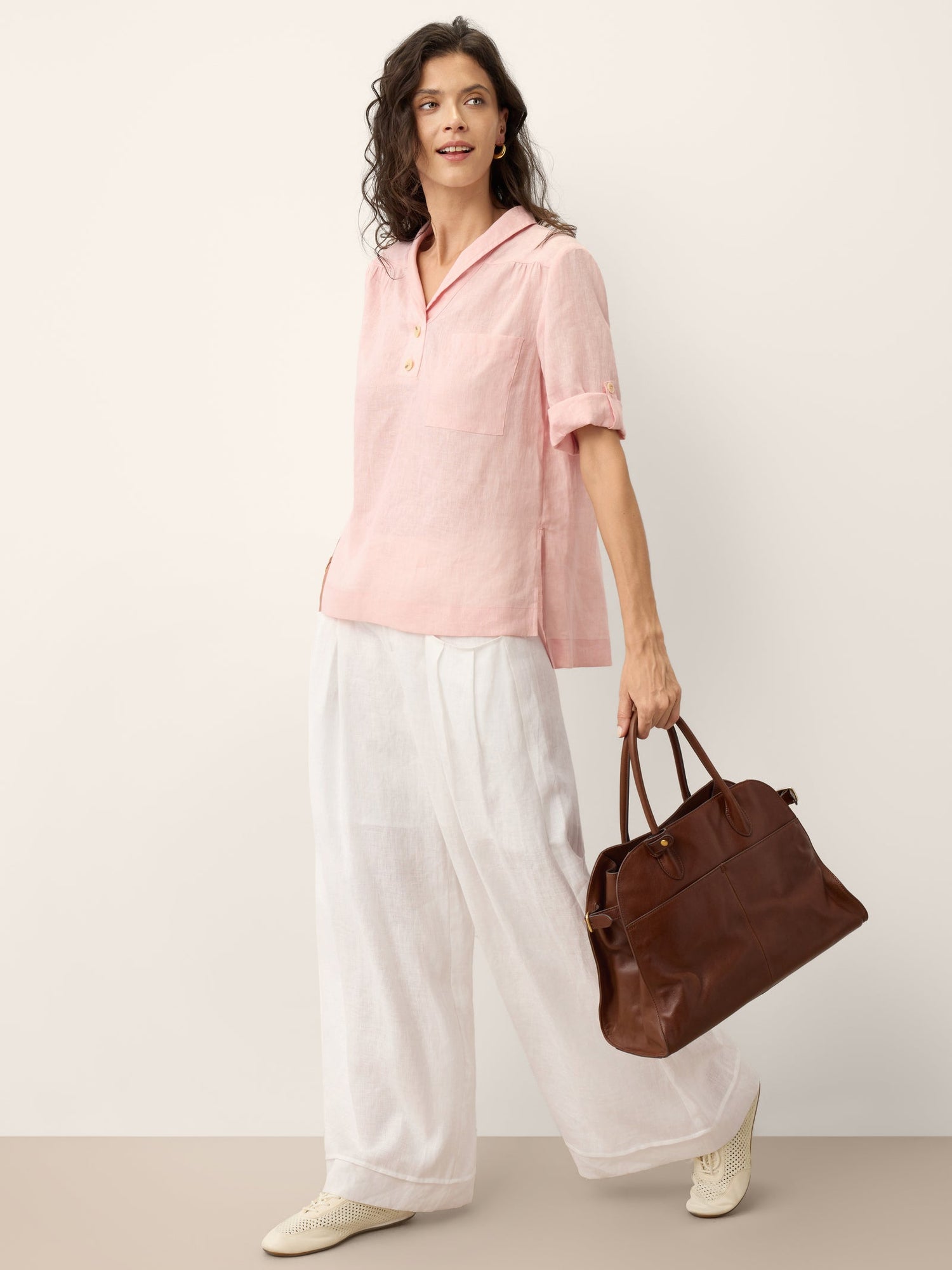 100% Linen Soft Collar Tab Sleeve Top OLGA - Glamourous Grace