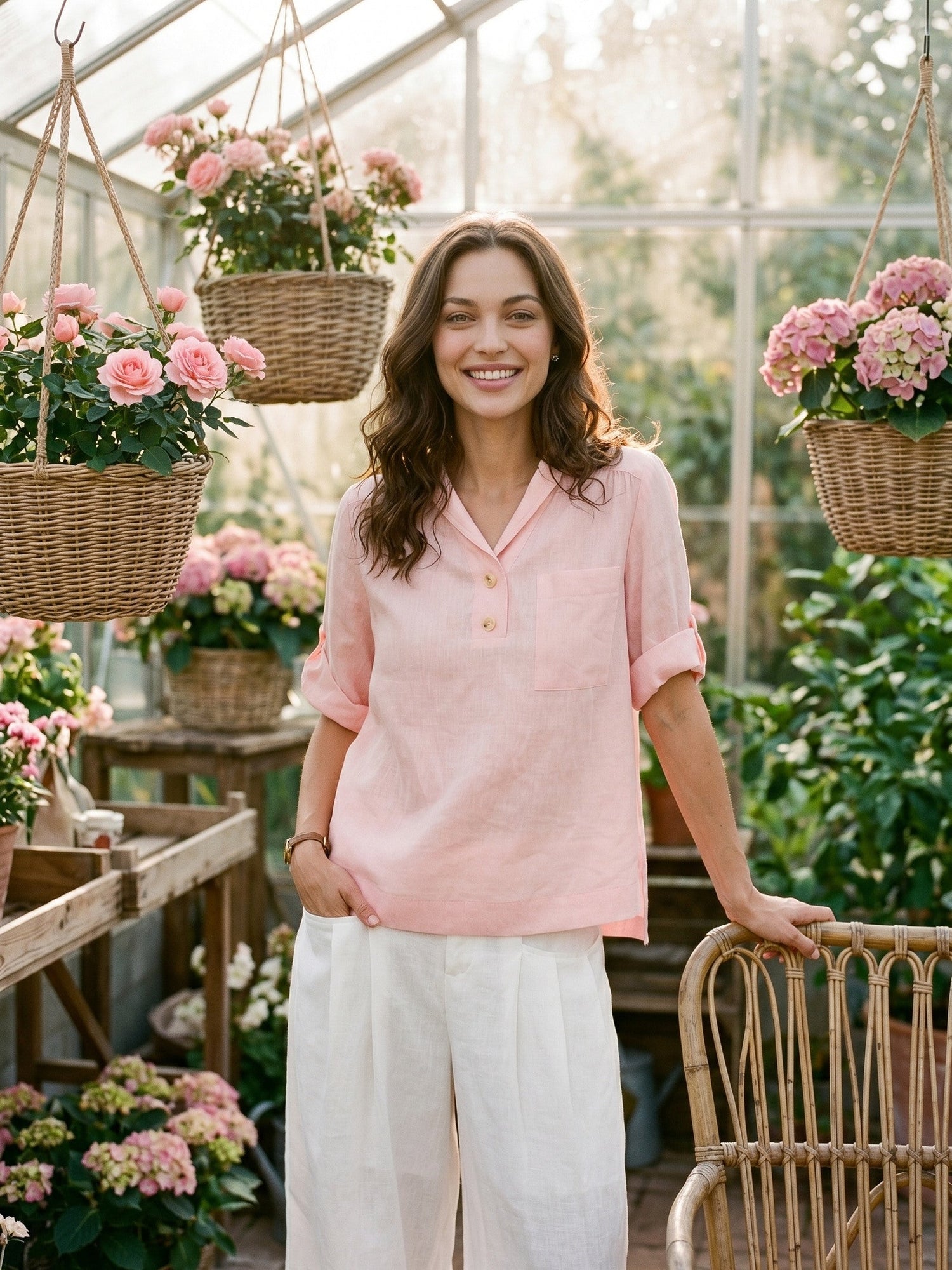 100% Linen Soft Collar Tab Sleeve Top OLGA - Glamourous Grace