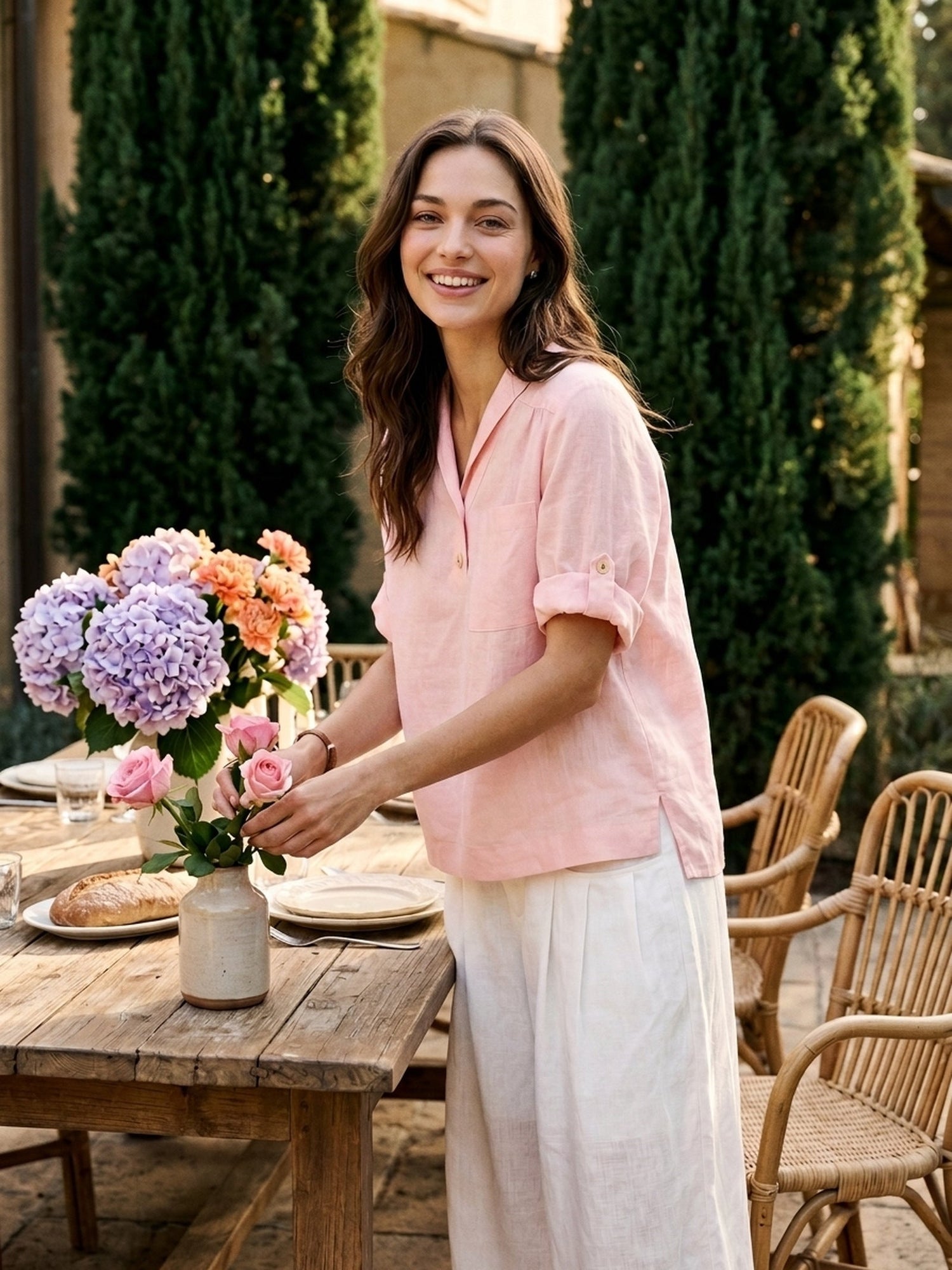 100% Linen Soft Collar Tab Sleeve Top OLGA - Glamourous Grace