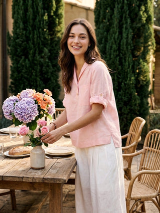 100% Linen Soft Collar Tab Sleeve Top OLGA - Glamourous Grace