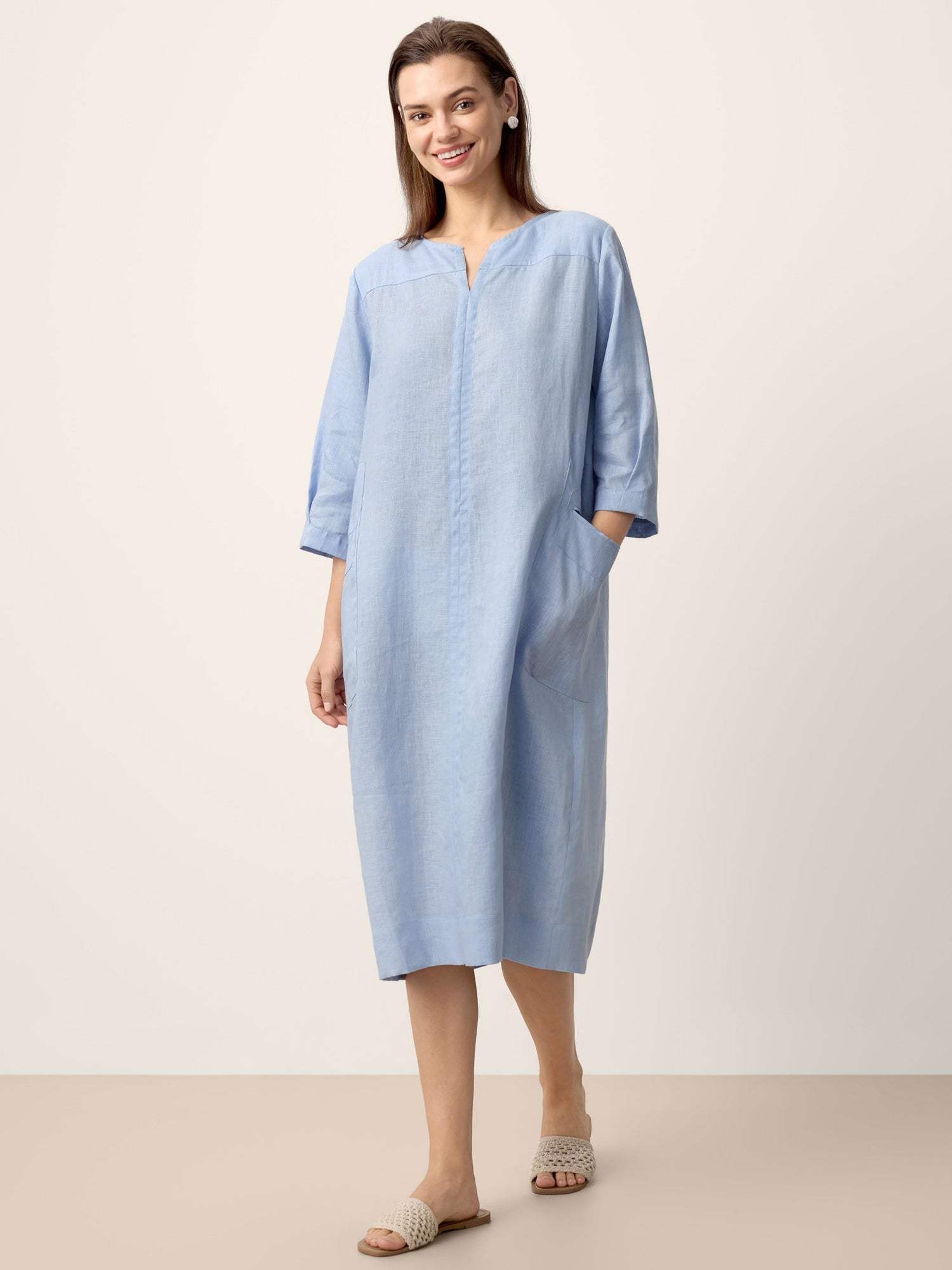 100% Linen Split-Neck Patch-Pocket Midi Dress KALINA - Glamourous Grace