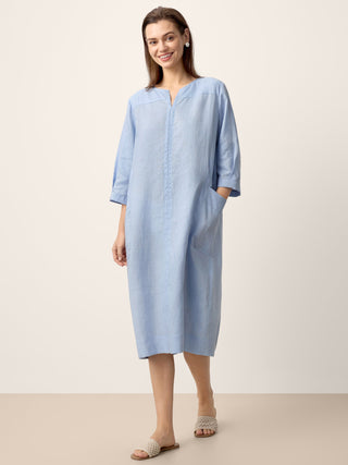 100% Linen Split-Neck Patch-Pocket Midi Dress KALINA - Glamourous Grace