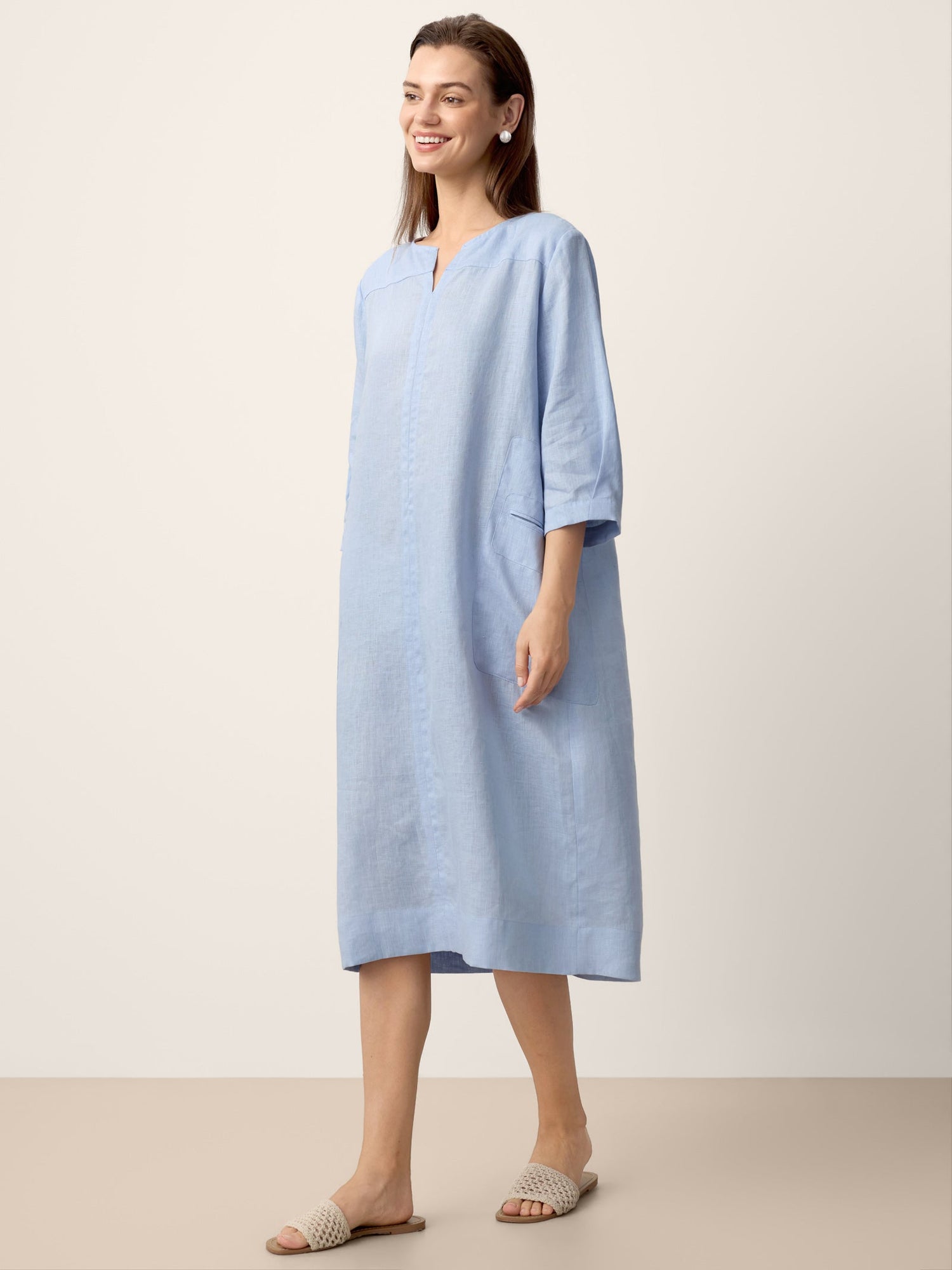 100% Linen Split-Neck Patch-Pocket Midi Dress KALINA - Glamourous Grace