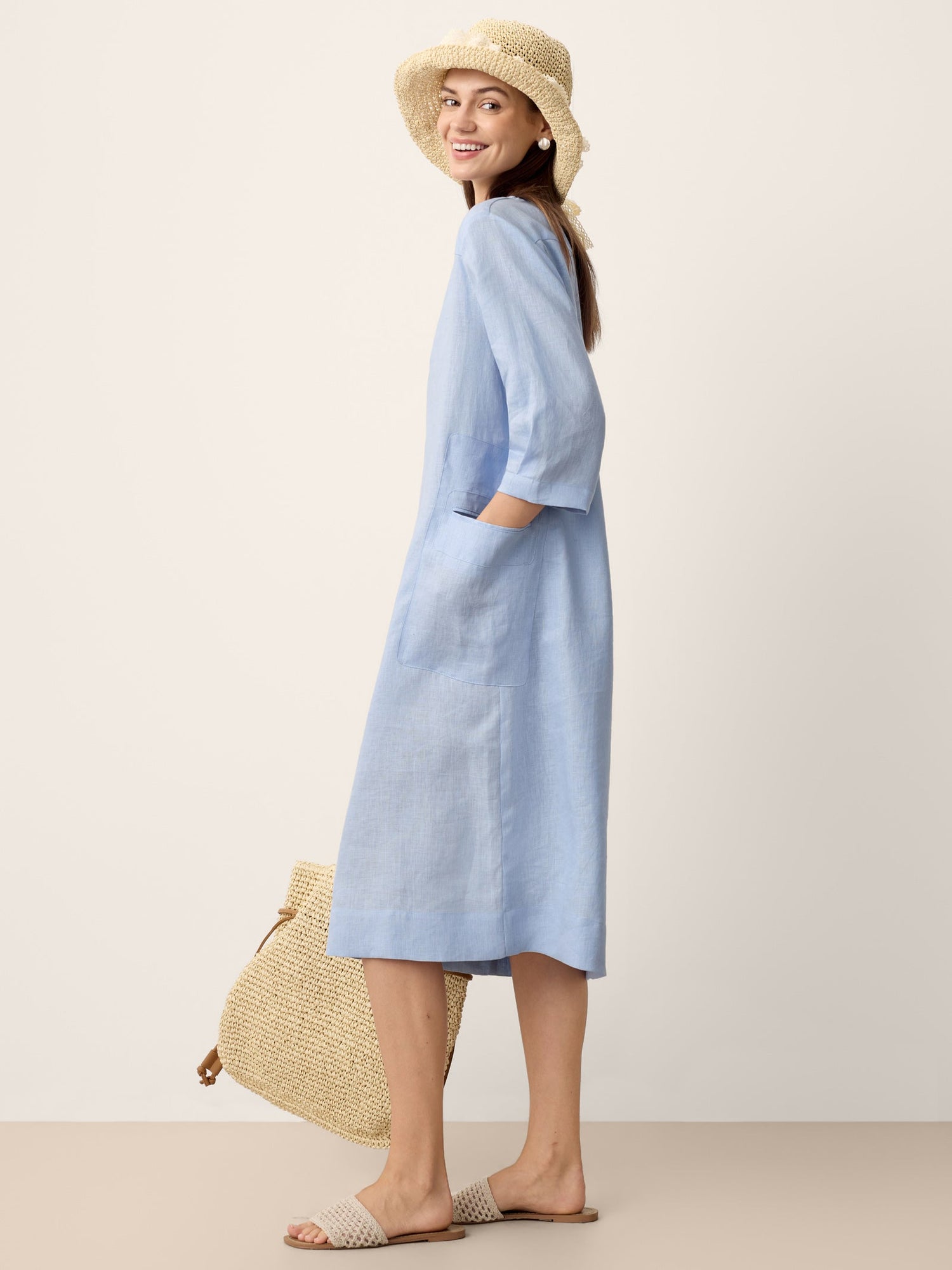100% Linen Split-Neck Patch-Pocket Midi Dress KALINA - Glamourous Grace