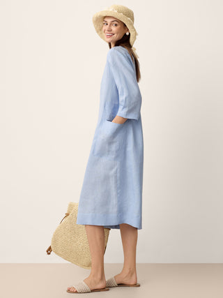 100% Linen Split-Neck Patch-Pocket Midi Dress KALINA - Glamourous Grace