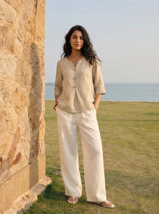 100% Linen Split Neck Inverted Pleat Top TABITHA - Glamourous Grace
