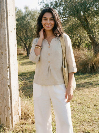100% Linen Split Neck Inverted Pleat Top TABITHA - Glamourous Grace