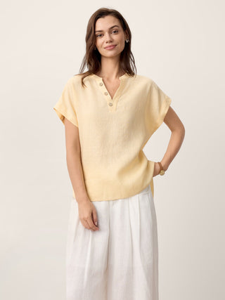 100% Linen Stand-Collar Curved-Hem Top CRESSA - Glamourous Grace