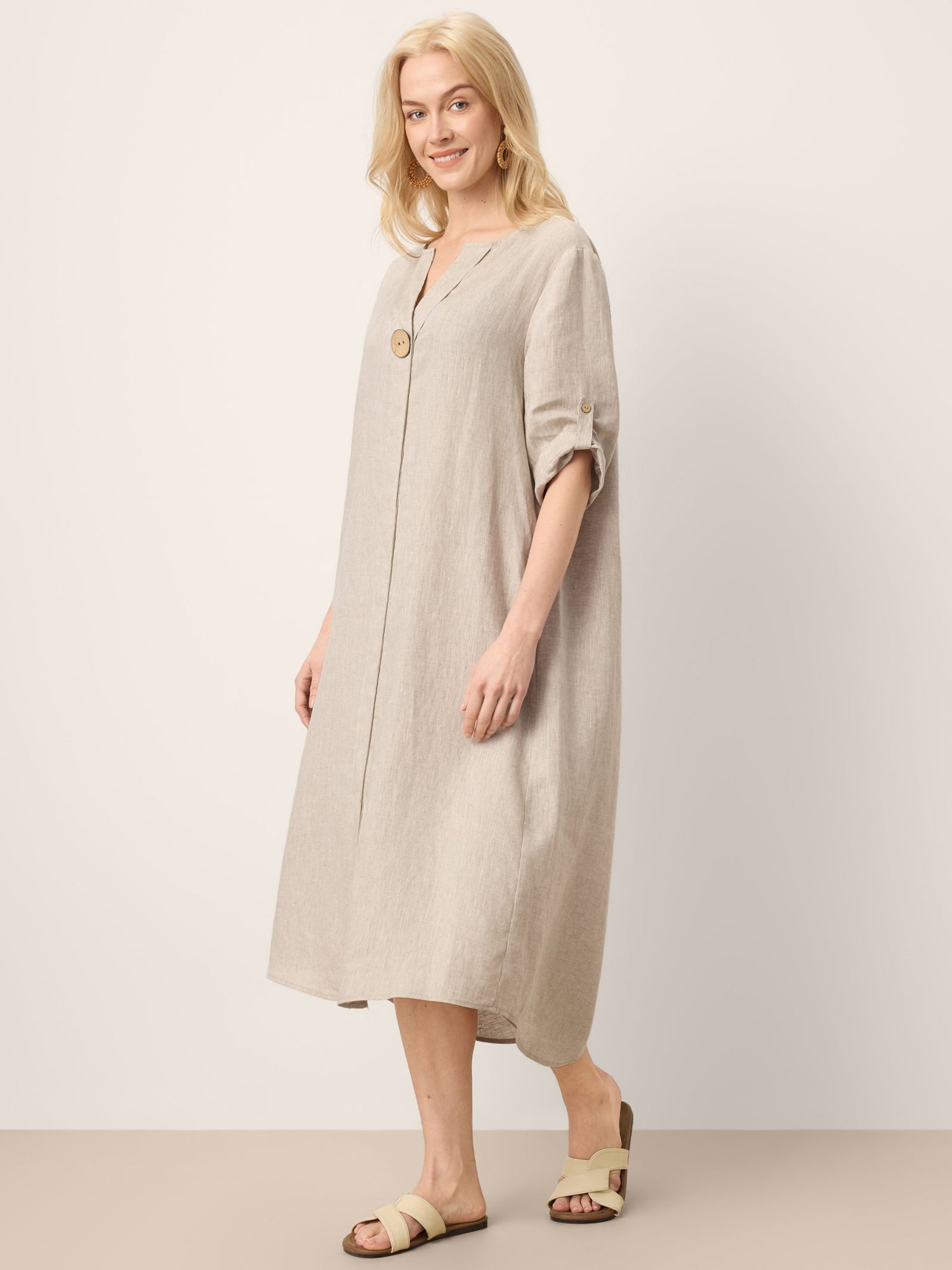 100% Linen Stand Collar V-Slit Tab Sleeve Maxi Dress LEORA - Glamourous Grace