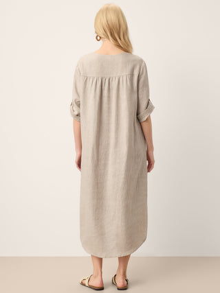 100% Linen Stand Collar V-Slit Tab Sleeve Maxi Dress LEORA - Glamourous Grace