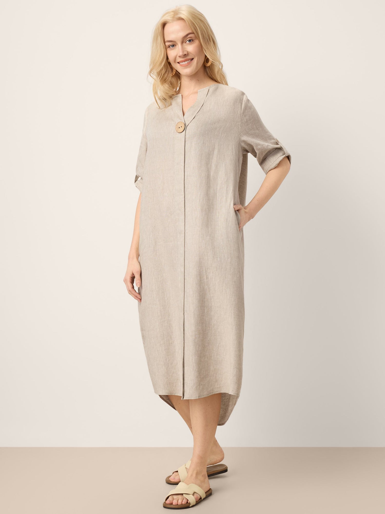 100% Linen Stand Collar V-Slit Tab Sleeve Maxi Dress LEORA - Glamourous Grace