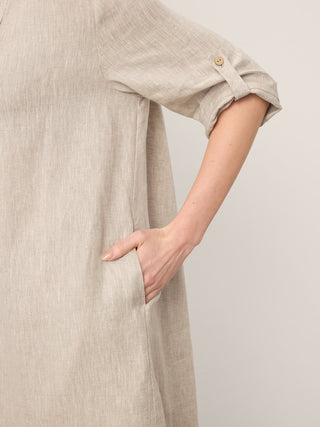 100% Linen Stand Collar V-Slit Tab Sleeve Maxi Dress LEORA - Glamourous Grace