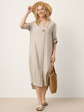 100% Linen Stand Collar V-Slit Tab Sleeve Maxi Dress LEORA - Glamourous Grace