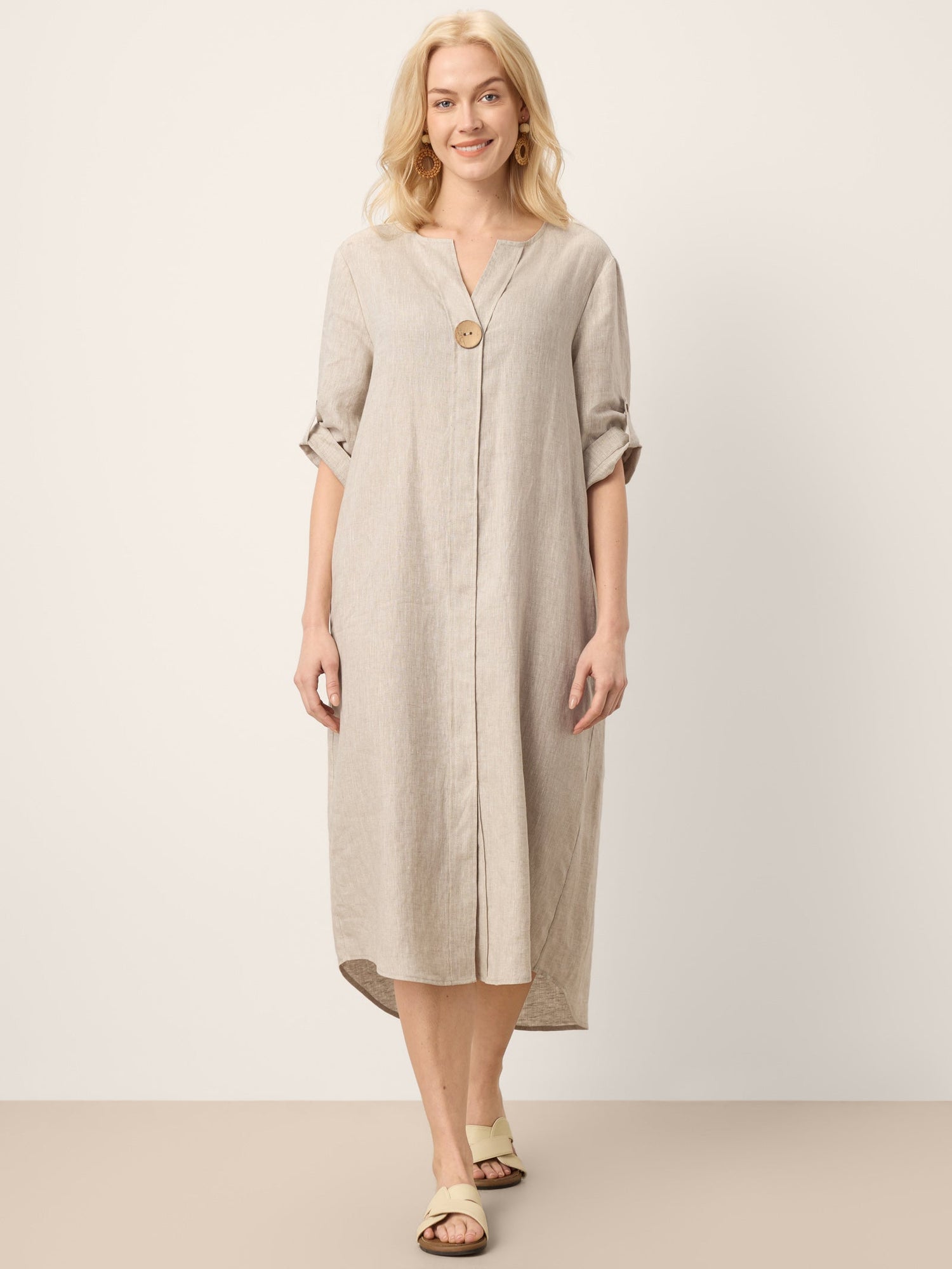 100% Linen Stand Collar V-Slit Tab Sleeve Maxi Dress LEORA - Glamourous Grace