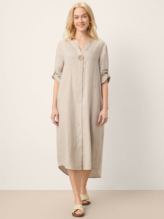 100% Linen Stand Collar V-Slit Tab Sleeve Maxi Dress LEORA - Glamourous Grace