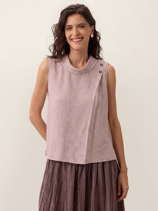 100% Linen Striped Diagonal Pleat Mock Neck Top ESTHER - Glamourous Grace