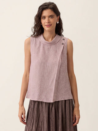 100% Linen Striped Diagonal Pleat Mock Neck Top ESTHER - Glamourous Grace