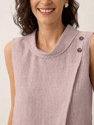 100% Linen Striped Diagonal Pleat Mock Neck Top ESTHER - Glamourous Grace