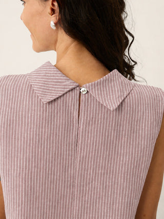 100% Linen Striped Diagonal Pleat Mock Neck Top ESTHER - Glamourous Grace