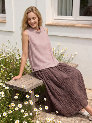 100% Linen Striped Diagonal Pleat Mock Neck Top ESTHER - Glamourous Grace