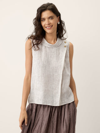 100% Linen Striped Diagonal Pleat Mock Neck Top ESTHER - Glamourous Grace