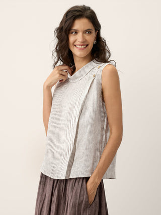 100% Linen Striped Diagonal Pleat Mock Neck Top ESTHER - Glamourous Grace