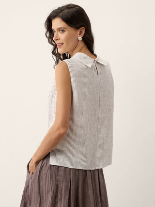100% Linen Striped Diagonal Pleat Mock Neck Top ESTHER - Glamourous Grace