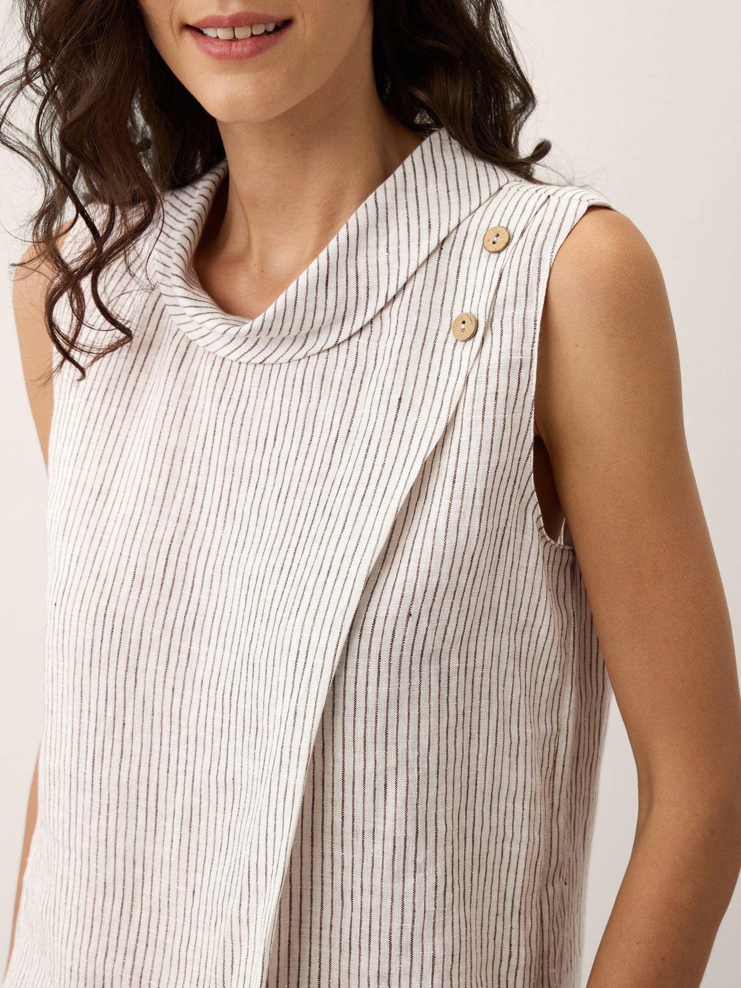 100% Linen Striped Diagonal Pleat Mock Neck Top ESTHER - Glamourous Grace