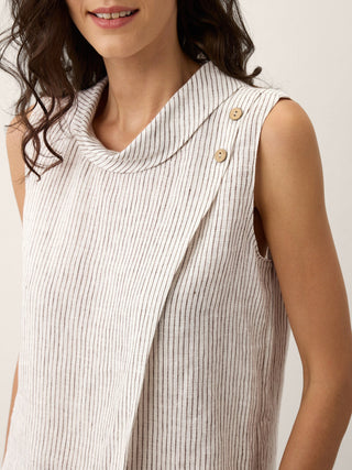 100% Linen Striped Diagonal Pleat Mock Neck Top ESTHER - Glamourous Grace