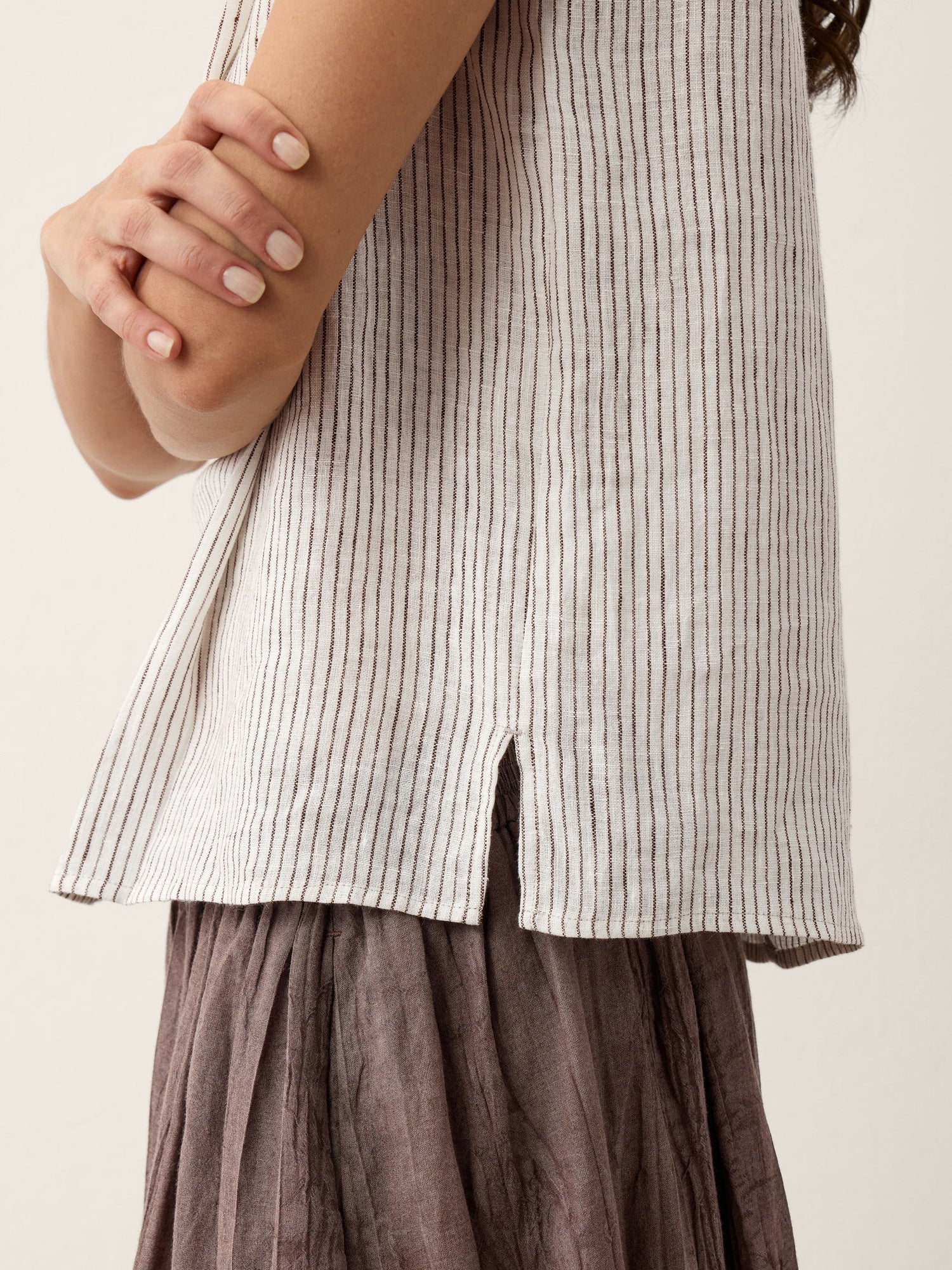 100% Linen Striped Diagonal Pleat Mock Neck Top ESTHER - Glamourous Grace