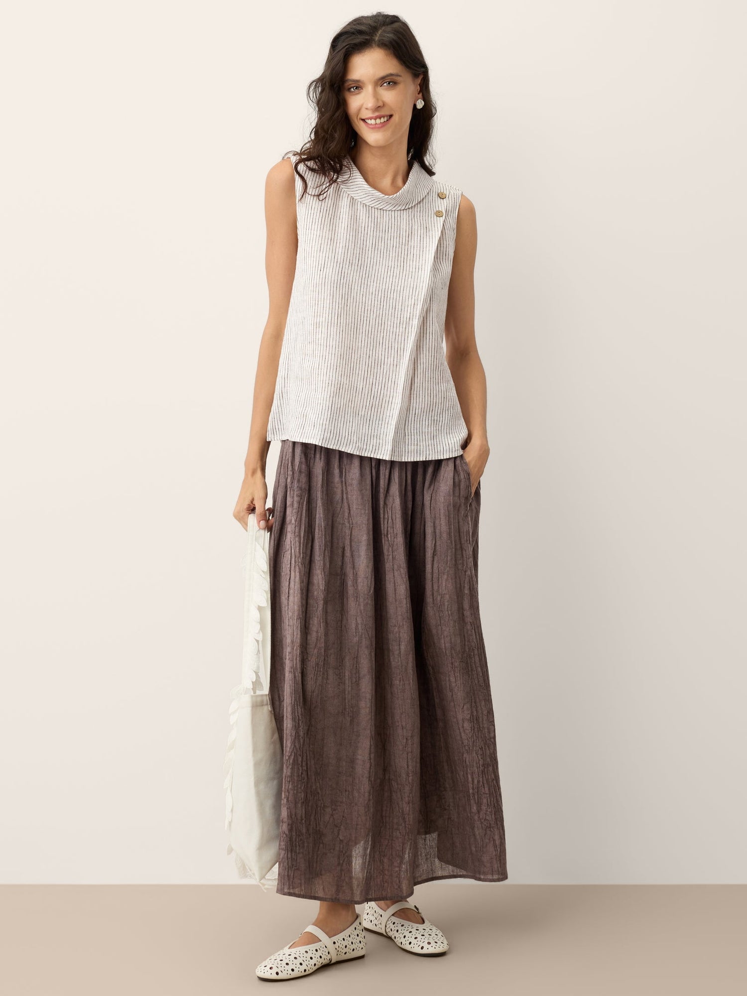 100% Linen Striped Diagonal Pleat Mock Neck Top ESTHER - Glamourous Grace