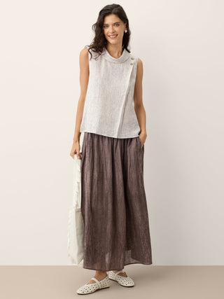 100% Linen Striped Diagonal Pleat Mock Neck Top ESTHER - Glamourous Grace
