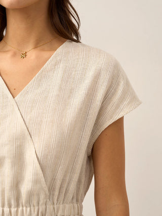 LINTICO 100% linen striped midi dress with elastic waist in beige, featuring a casual, comfortable design perfect for warm weather.