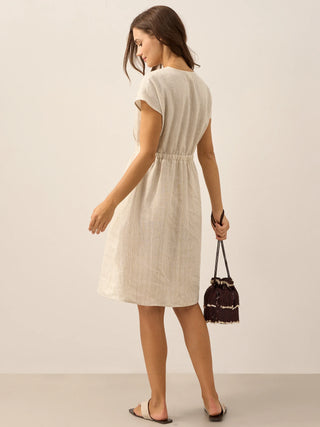 100% Linen Striped Elastic-Waist Midi Dress ARIA - Glamourous Grace