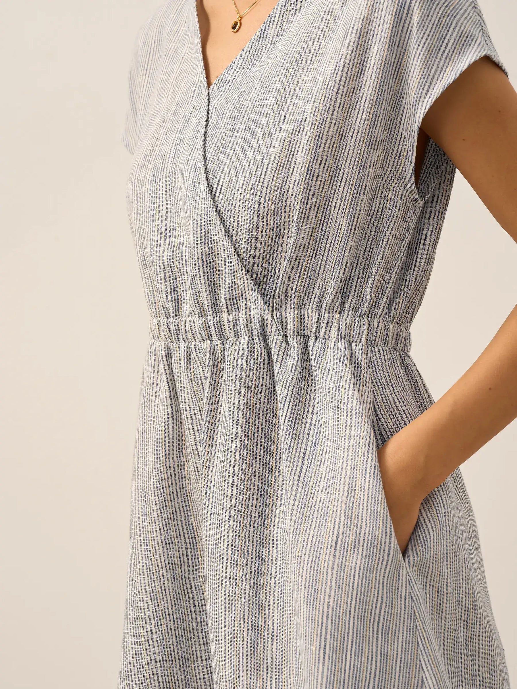 100% Linen Striped Elastic-Waist Midi Dress ARIA - Glamourous Grace