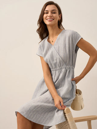 100% Linen Striped Elastic-Waist Midi Dress ARIA - Glamourous Grace