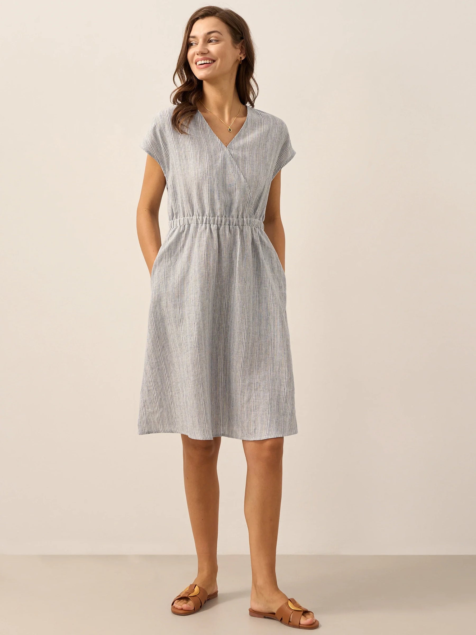 100% Linen Striped Elastic-Waist Midi Dress ARIA - Glamourous Grace