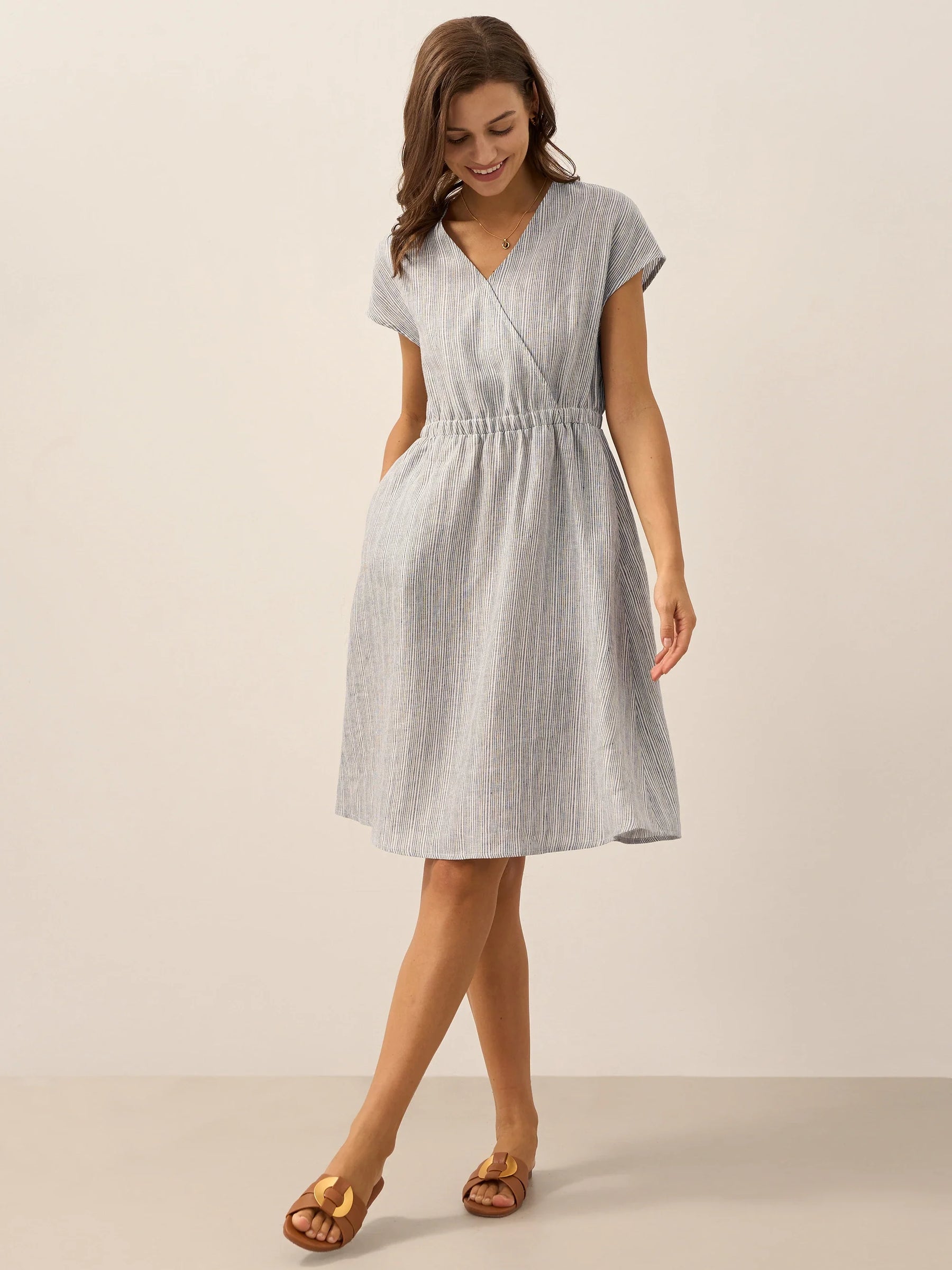 100% Linen Striped Elastic-Waist Midi Dress ARIA - Glamourous Grace